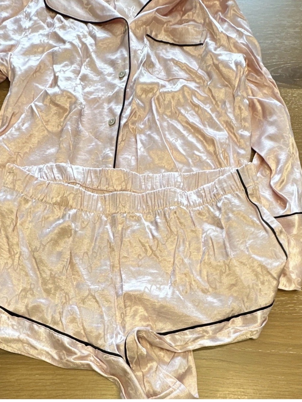 Victoria's Secret Blush Satin Pajama Set with Black Piping
